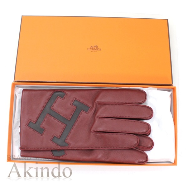 【新品】エルメス グローブ 手袋 レディース サイズ ＃8 小豆色 Hロゴ ラムスキン レザー 本革 裏シルク HERMES グローブ エレガント ファッションアイテム オシャレ 記念日 新品 ブラン