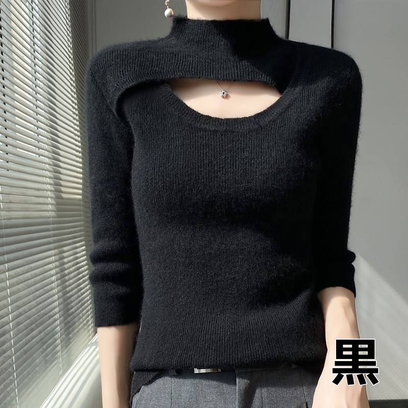 ハイネックニット 個性的 胸元オープン セクシー カラバリ 白 黒 韓国 レディース オルチャン トップス ニットソー セーター 袖あり 7分袖 七分袖 ハイネック タートルネック タイト