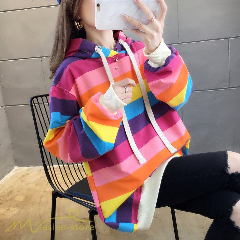 パーカー レディース レインボーカラー プルオーバー ゆるパーカー トップス フード付き 新作 薄