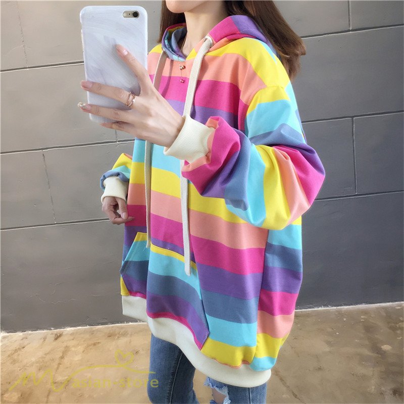 パーカー レディース レインボーカラー プルオーバー ゆるパーカー トップス フード付き 新作 薄
