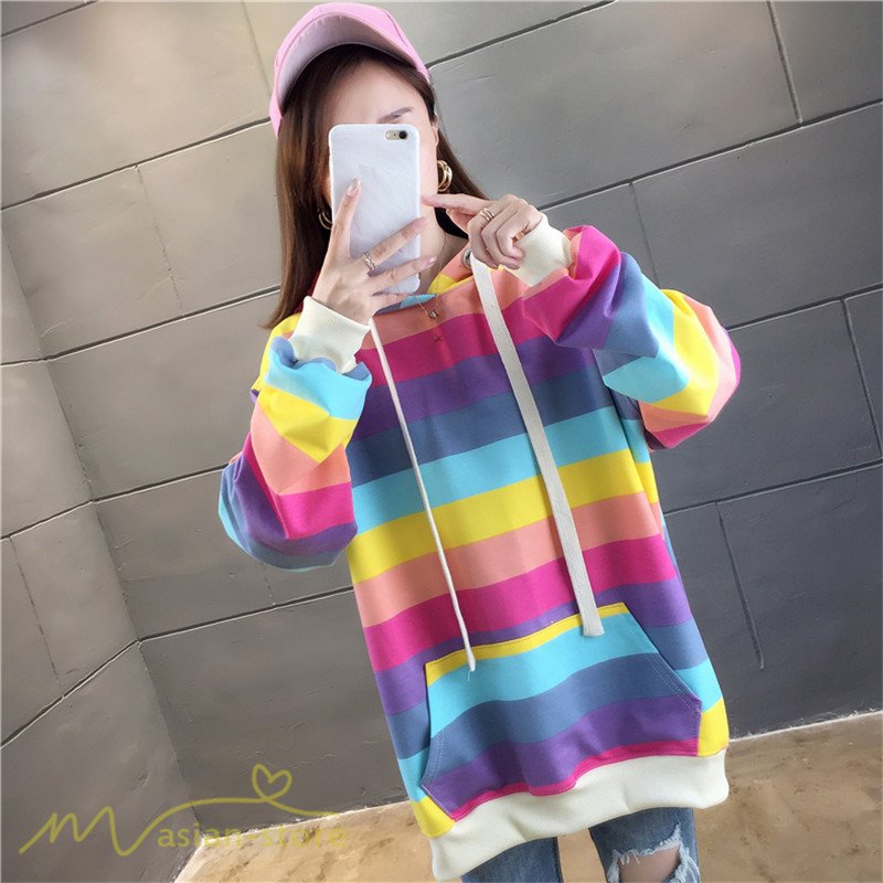 パーカー レディース レインボーカラー プルオーバー ゆるパーカー トップス フード付き 新作 薄