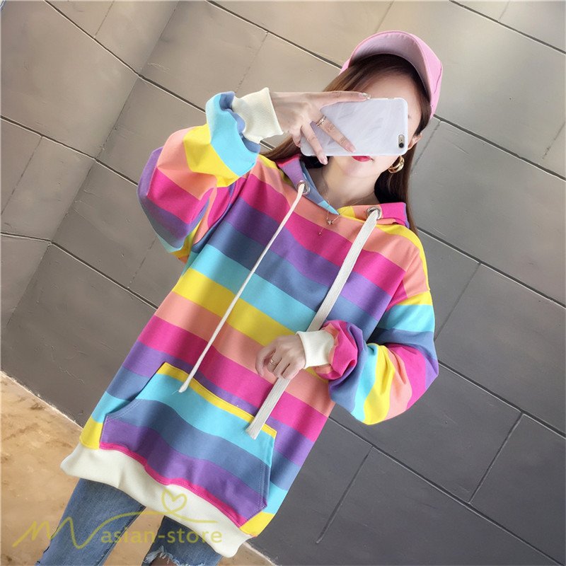 パーカー レディース レインボーカラー プルオーバー ゆるパーカー トップス フード付き 新作 薄