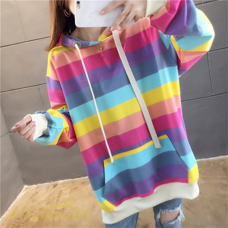 パーカー レディース レインボーカラー プルオーバー ゆるパーカー トップス フード付き 新作 薄