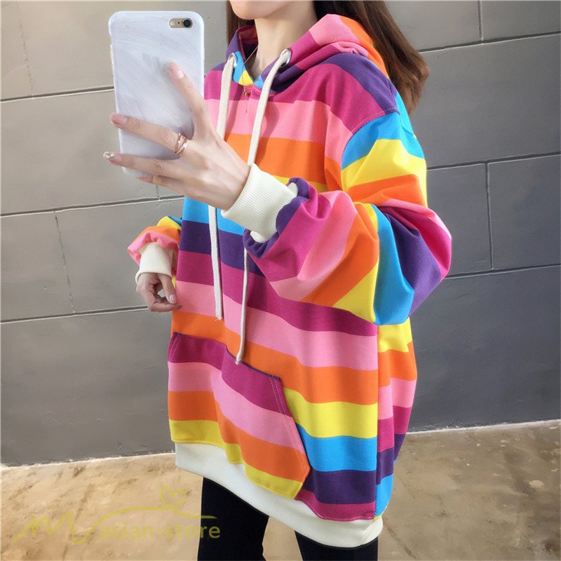パーカー レディース レインボーカラー プルオーバー ゆるパーカー トップス フード付き 新作 薄