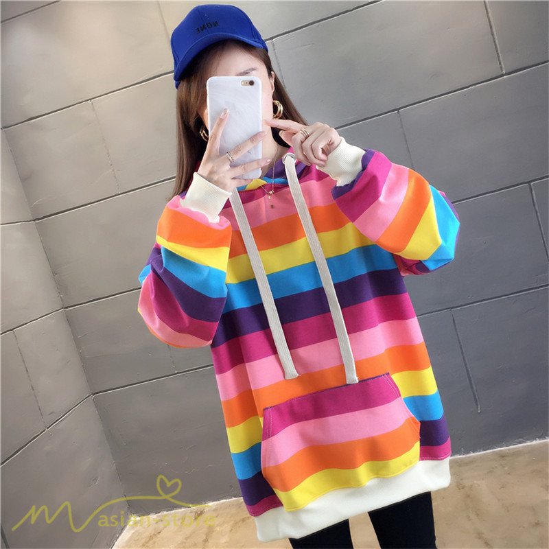 パーカー レディース レインボーカラー プルオーバー ゆるパーカー トップス フード付き 新作 薄
