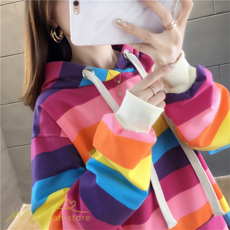 パーカー レディース レインボーカラー プルオーバー ゆるパーカー トップス フード付き 新作 薄