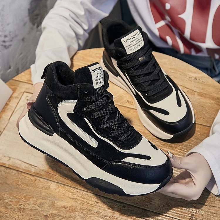 レディースファッション 厚底スニーカー 厚底シューズ ハイトップダディシューズ レザー配色プラスベルベット編み上げカジュアルスポーツシューズインファッション_3