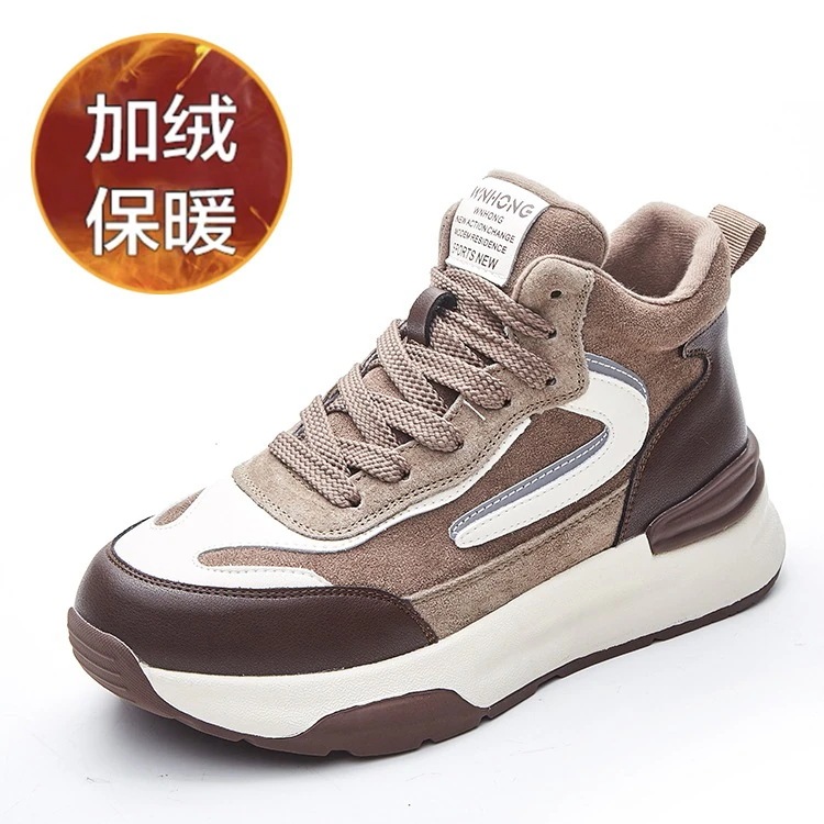 レディースファッション 厚底スニーカー 厚底シューズ ハイトップダディシューズ レザー配色プラスベルベット編み上げカジュアルスポーツシューズインファッション_9