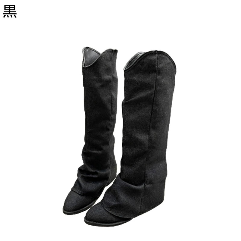 ロングブーツ ソックスブーツ レディース 秋靴 冬靴 ウェスターブーツ Vカット ポインテッドトゥ ミドルヒール5cm 欧米風 カウボーイ カジュアル ファッション 細見え 原宿 大きいサイズ