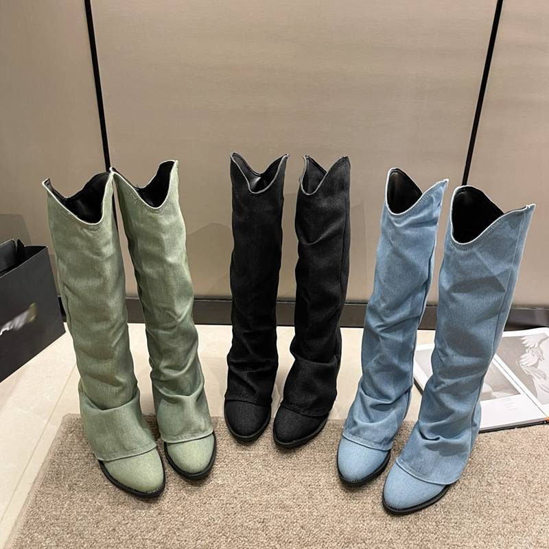 ロングブーツ ソックスブーツ レディース 秋靴 冬靴 ウェスターブーツ Vカット ポインテッドトゥ ミドルヒール5cm 欧米風 カウボーイ カジュアル ファッション 細見え 原宿 大きいサイズ