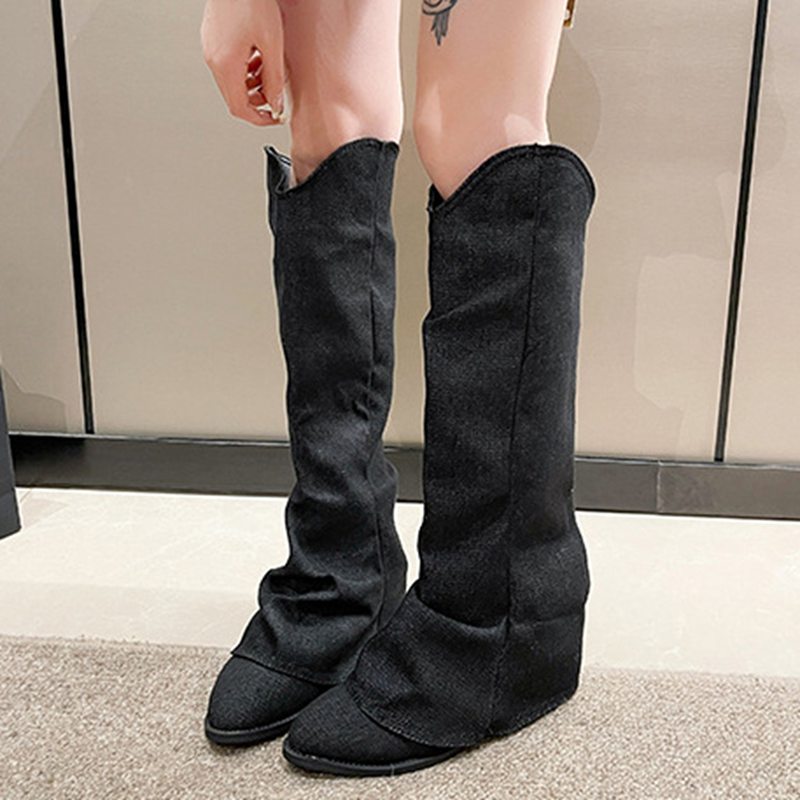 ロングブーツ ソックスブーツ レディース 秋靴 冬靴 ウェスターブーツ Vカット ポインテッドトゥ ミドルヒール5cm 欧米風 カウボーイ カジュアル ファッション 細見え 原宿 大きいサイズ