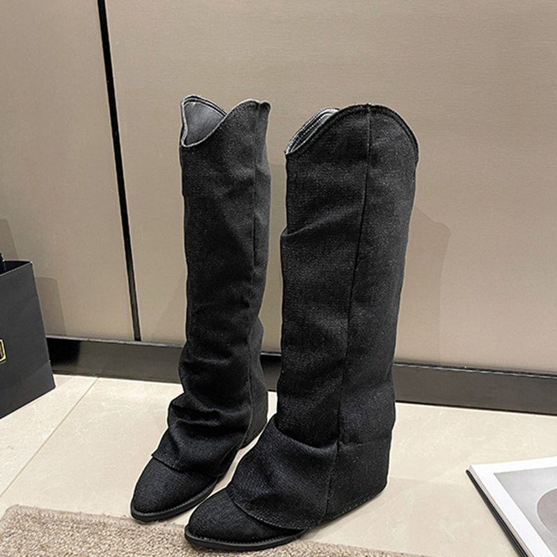 ロングブーツ ソックスブーツ レディース 秋靴 冬靴 ウェスターブーツ Vカット ポインテッドトゥ ミドルヒール5cm 欧米風 カウボーイ カジュアル ファッション 細見え 原宿 大きいサイズ