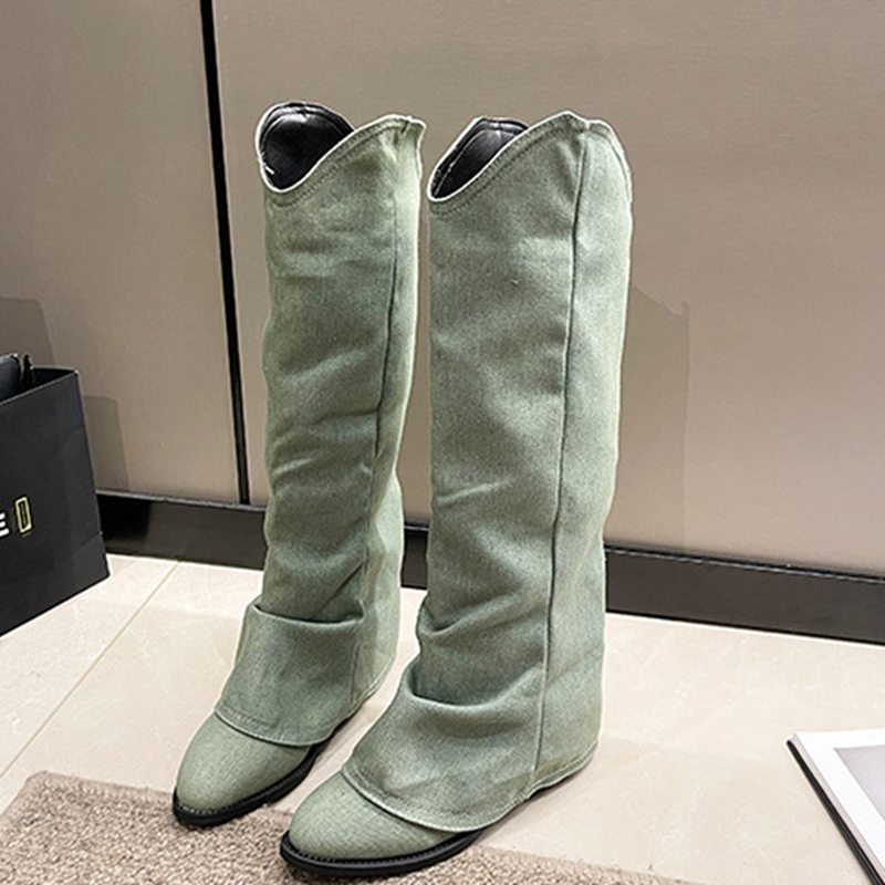 ロングブーツ ソックスブーツ レディース 秋靴 冬靴 ウェスターブーツ Vカット ポインテッドトゥ ミドルヒール5cm 欧米風 カウボーイ カジュアル ファッション 細見え 原宿 大きいサイズ