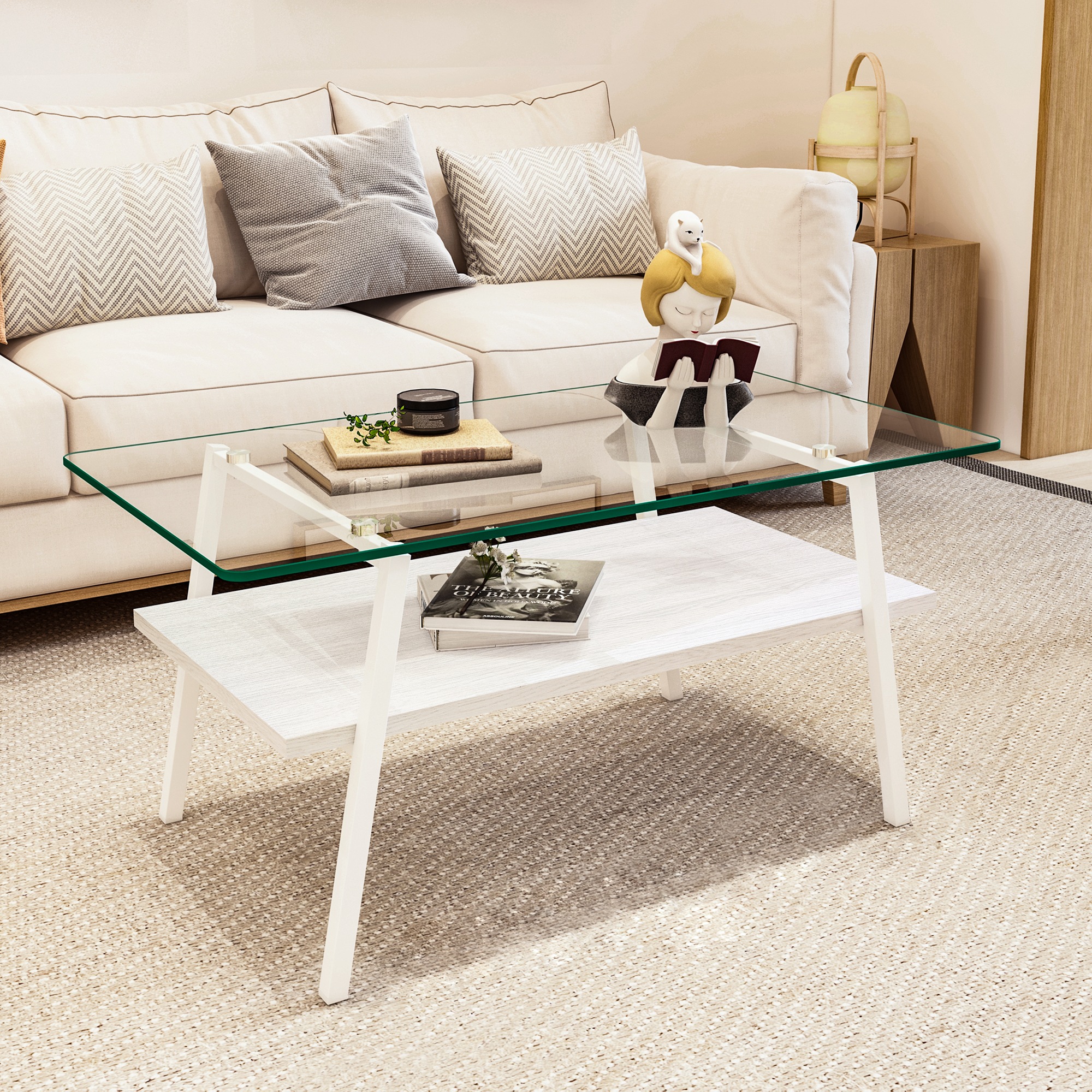 モダン長方形コーヒーテーブル 強化ガラス天板+MDF収納棚 リビング用