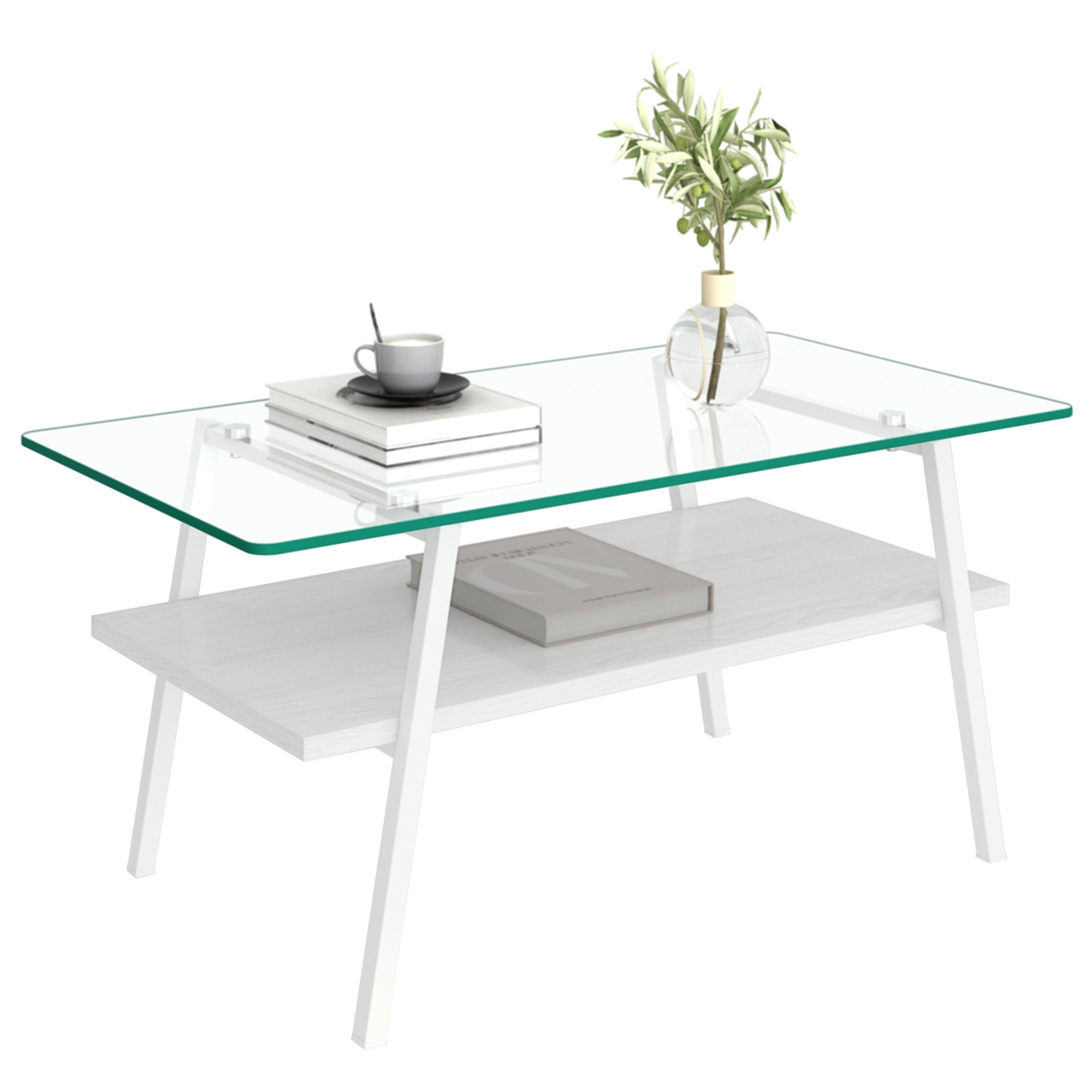 モダン長方形コーヒーテーブル 強化ガラス天板+MDF収納棚 リビング用