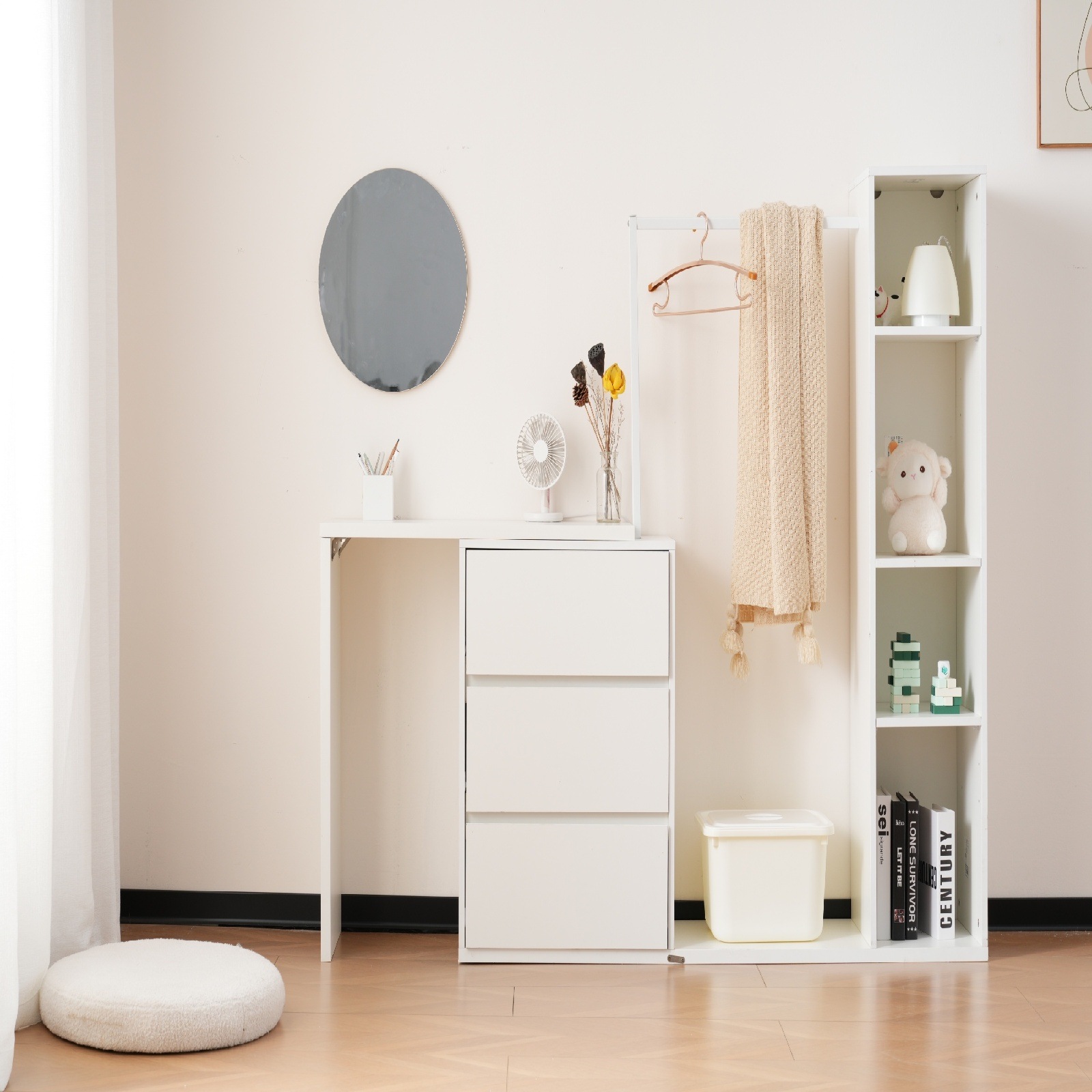 3段キャビネット+幅調整デスク+ ハンガーラック+ラック化粧台 デスク木製