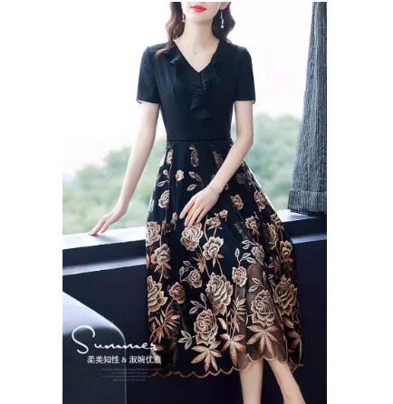 ワンピース ミモレ ミモレ丈 ロング ロング丈 袖あり 半袖 Vネック Aライン 刺繍 シフォン フリル 快適 着心地 きれいめ 大人 上品 おしゃれ お洒落 かっこいい レトロ 大人女子 こなれ感