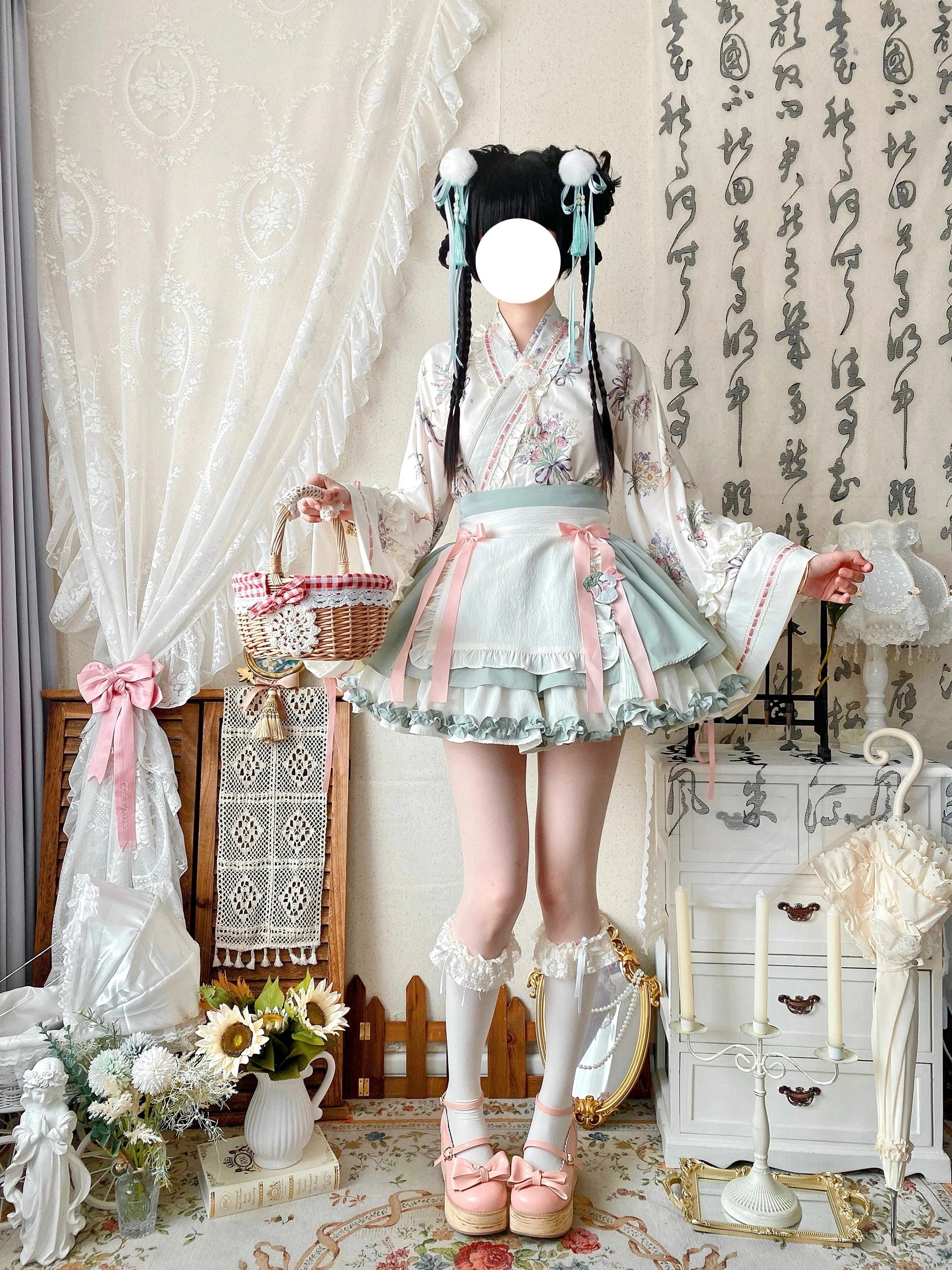 【最安値に挑戦】 ロリータ ワンピース コスプレ 学院祭用 中華風ロリータビッグスリーブクロスネックビッグスイングドレスロリータ ドレス ハロウィン 3点セット