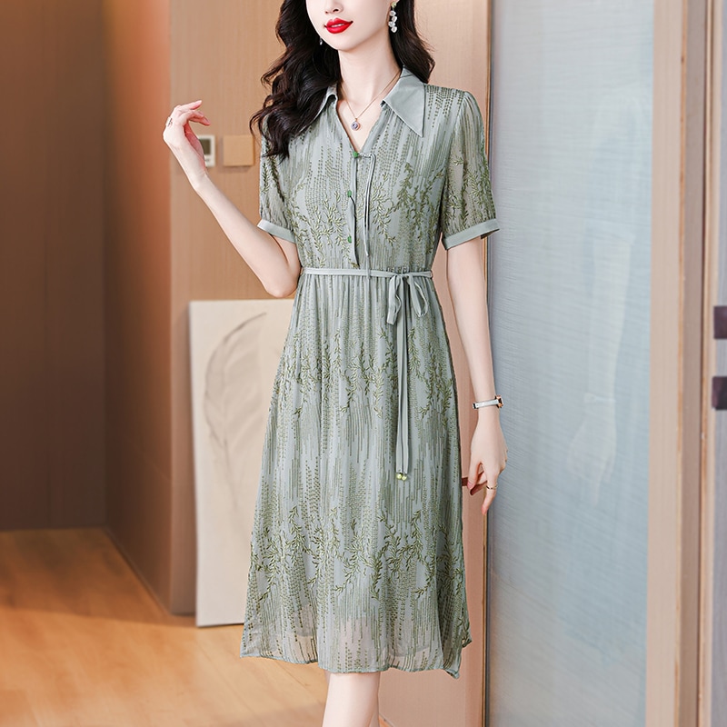 ブランドシルクドレスハイエンドの女性の春夏の新ファッションラペル気質若い母親桑シルクドレスA22