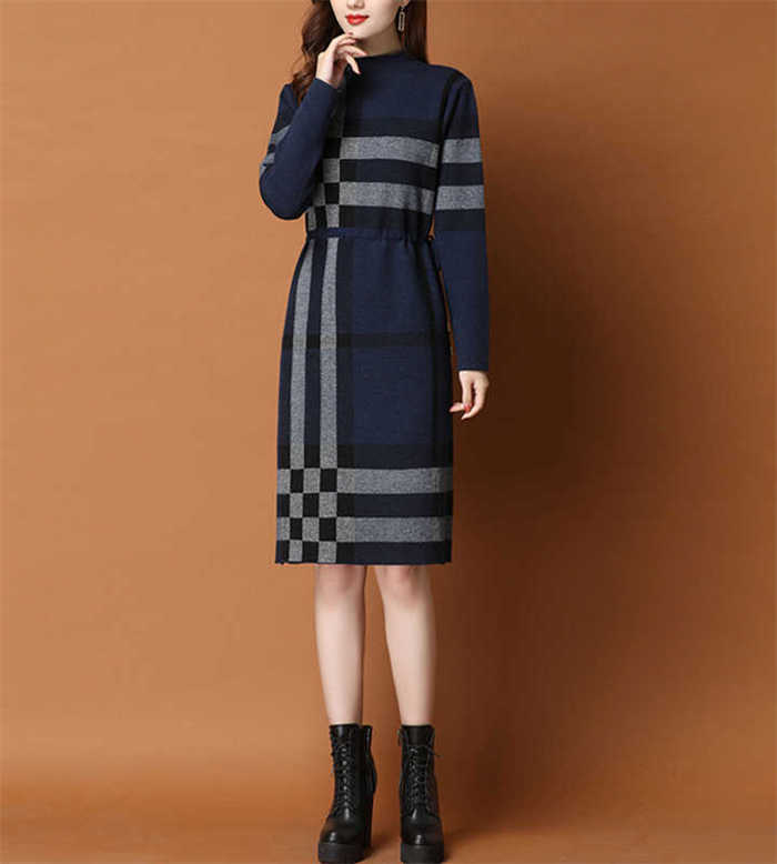 ニット ワンピース レディース ワンピ チェック ストライプ ボーダー タイト ハーフネック 長袖 新作 秋 冬 ニットワンピース セーターワンピース 膝丈 プルオーバー おしゃれ エレガント お洒落