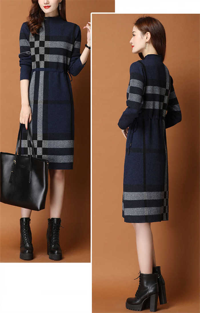 ニット ワンピース レディース ワンピ チェック ストライプ ボーダー タイト ハーフネック 長袖 新作 秋 冬 ニットワンピース セーターワンピース 膝丈 プルオーバー おしゃれ エレガント お洒落