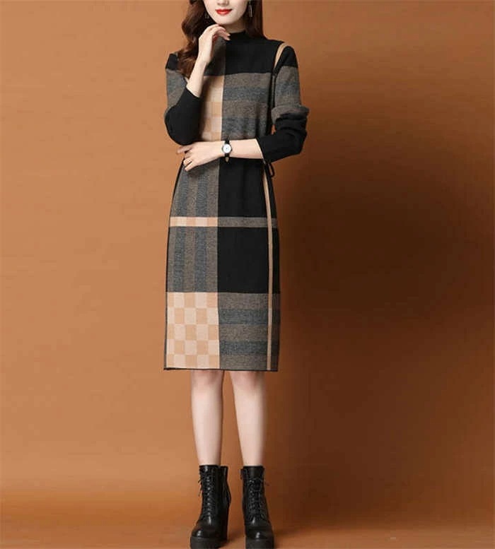 ニット ワンピース レディース ワンピ チェック ストライプ ボーダー タイト ハーフネック 長袖 新作 秋 冬 ニットワンピース セーターワンピース 膝丈 プルオーバー おしゃれ エレガント お洒落