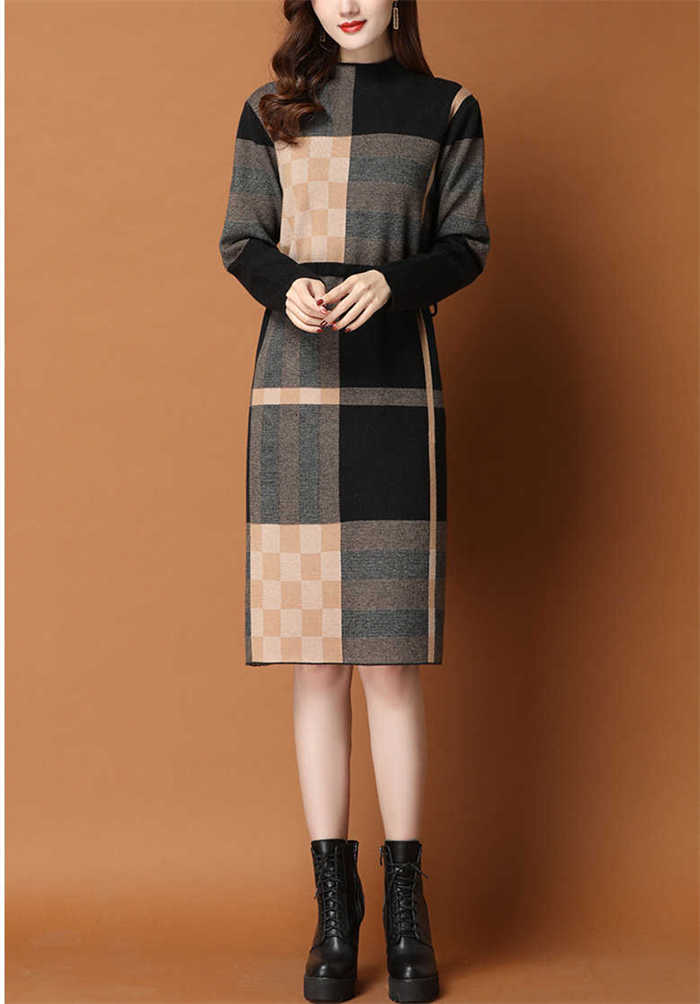 ニット ワンピース レディース ワンピ チェック ストライプ ボーダー タイト ハーフネック 長袖 新作 秋 冬 ニットワンピース セーターワンピース 膝丈 プルオーバー おしゃれ エレガント お洒落