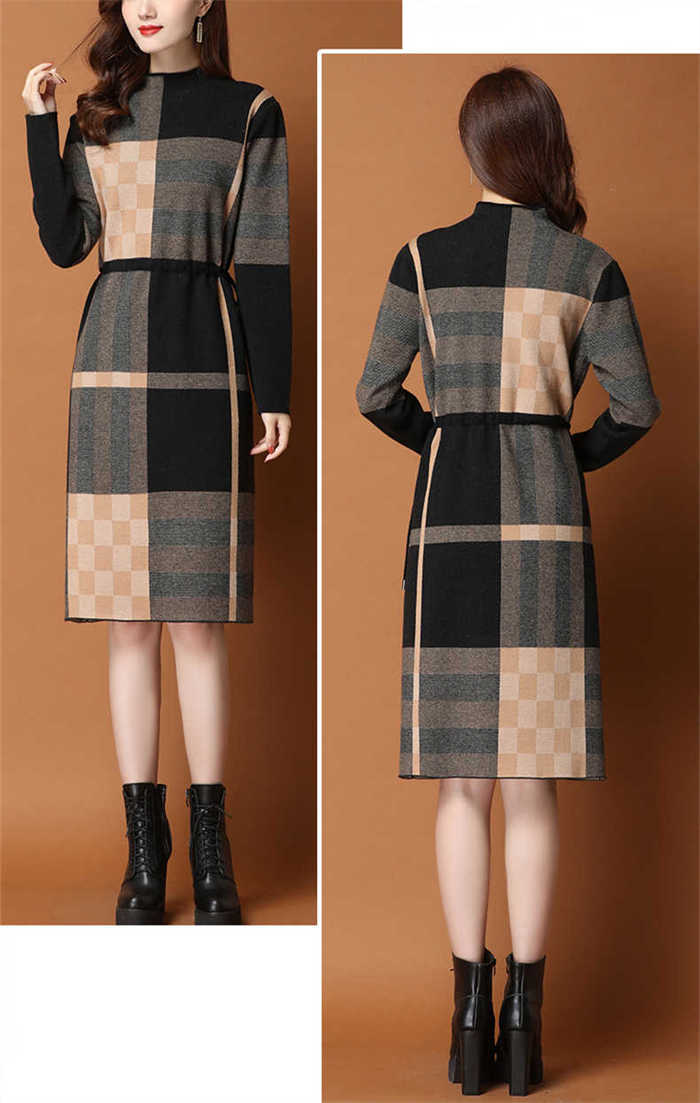 ニット ワンピース レディース ワンピ チェック ストライプ ボーダー タイト ハーフネック 長袖 新作 秋 冬 ニットワンピース セーターワンピース 膝丈 プルオーバー おしゃれ エレガント お洒落