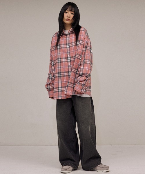 [LESSERAFIM チェウォン着用]Overfit Forest Check Shirt-Pink