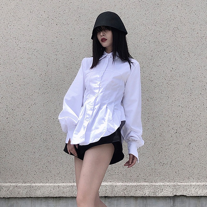 女性用スリム長袖シャツ新しいプリーツ多用途ウエストスリムデザインパーソナライズされたウエストシャツ無地シンプルカジュアルシャツレディースファッションシャツ