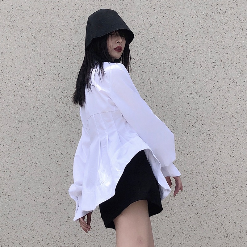 女性用スリム長袖シャツ新しいプリーツ多用途ウエストスリムデザインパーソナライズされたウエストシャツ無地シンプルカジュアルシャツレディースファッションシャツ