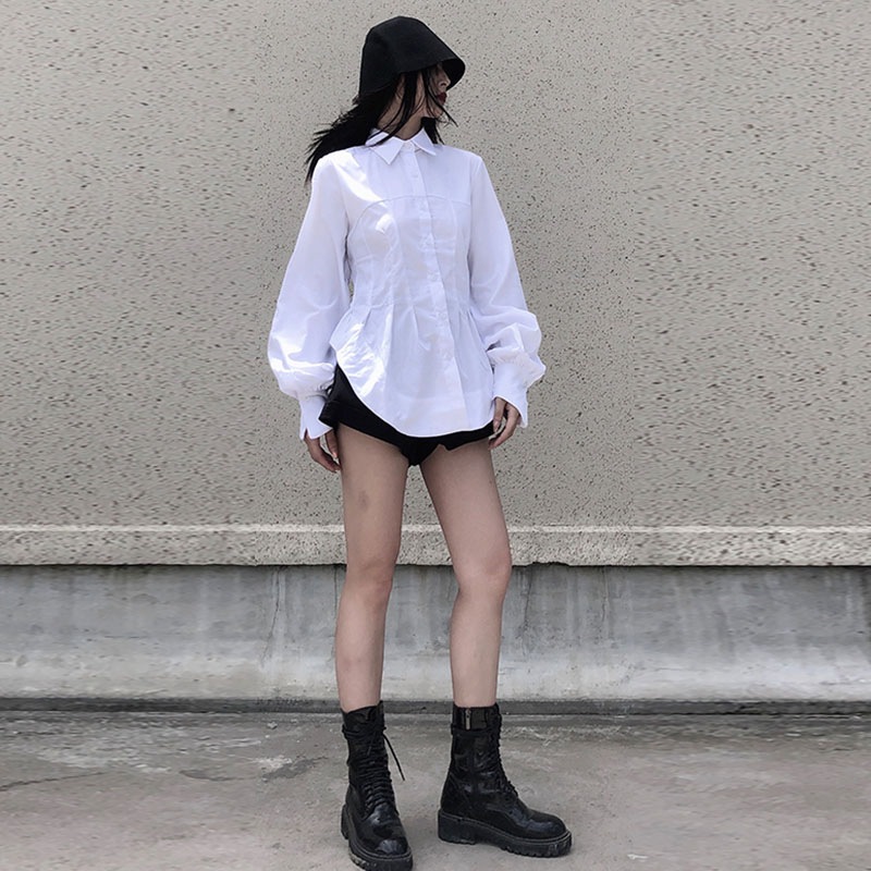 女性用スリム長袖シャツ新しいプリーツ多用途ウエストスリムデザインパーソナライズされたウエストシャツ無地シンプルカジュアルシャツレディースファッションシャツ