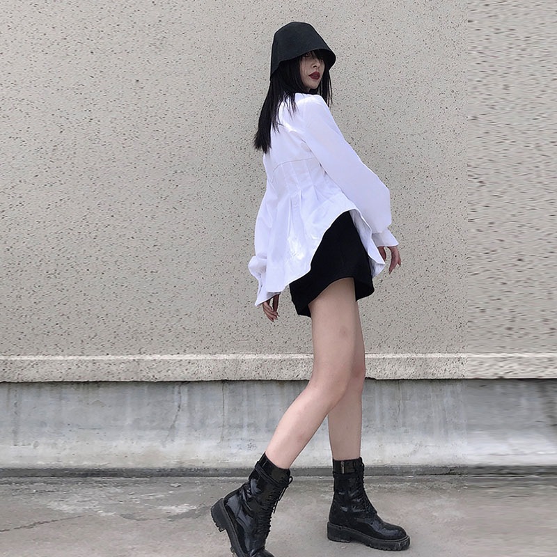 女性用スリム長袖シャツ新しいプリーツ多用途ウエストスリムデザインパーソナライズされたウエストシャツ無地シンプルカジュアルシャツレディースファッションシャツ