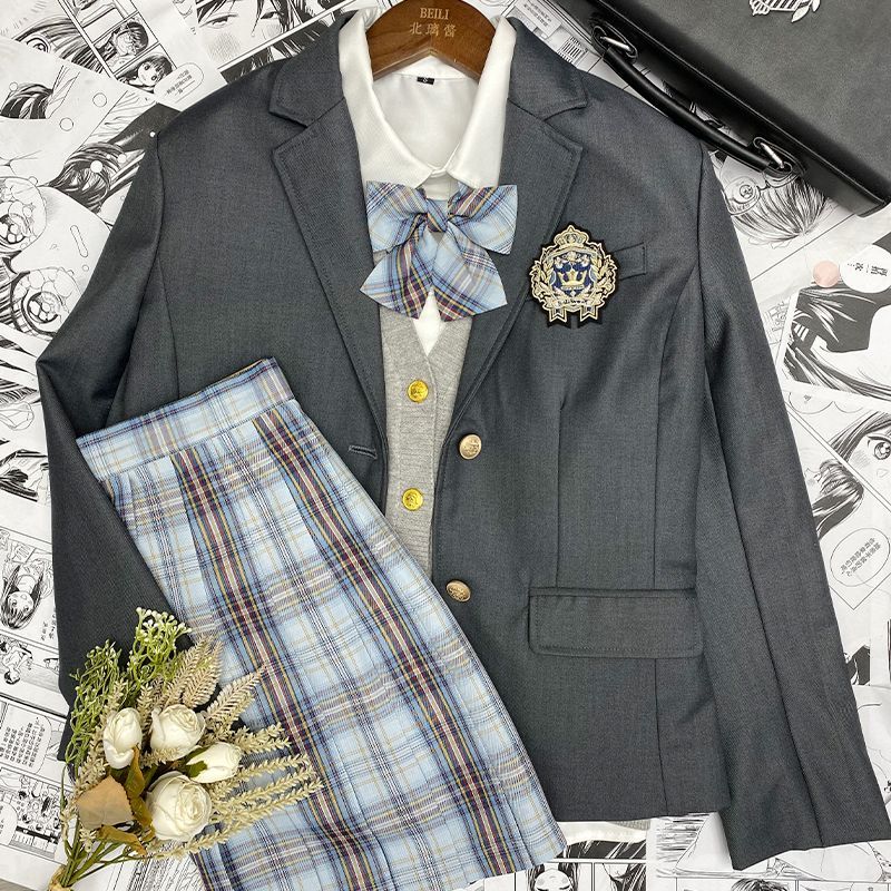 【送料無料】韓国 jk 制服 スーツ 大きめ フルセット ベスト 長袖 シャツ チェック柄 スカート スーツ 人 大学生 大学生風迅速配送