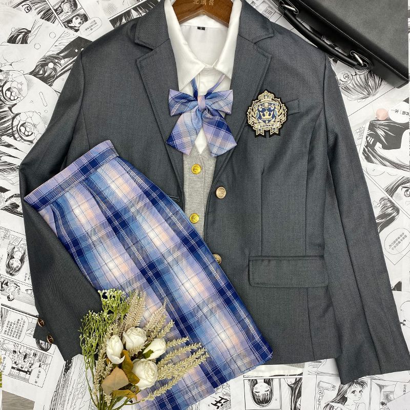 【送料無料】韓国 jk 制服 スーツ 大きめ フルセット ベスト 長袖 シャツ チェック柄 スカート スーツ 人 大学生 大学生風迅速配送