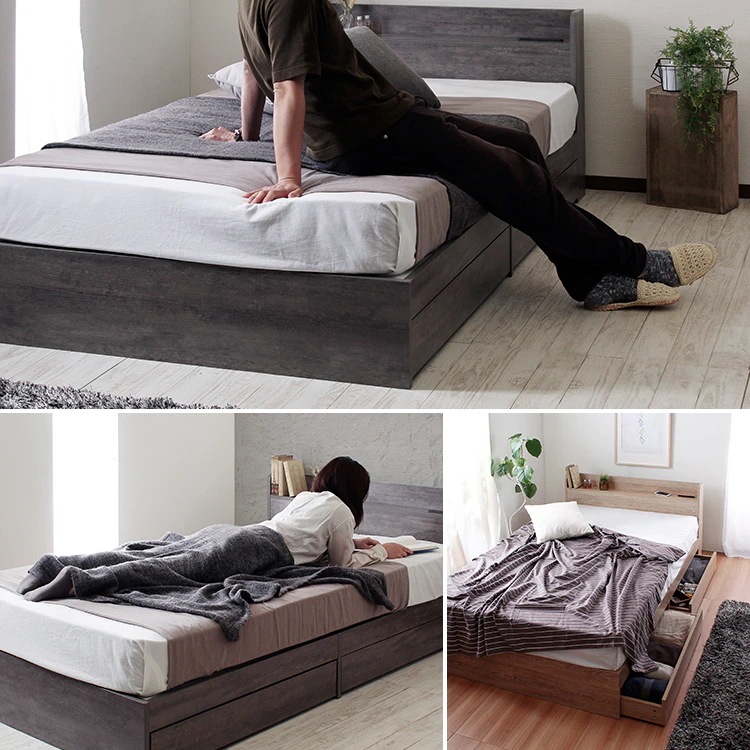 セミダブルベッド+マットレスセット コンセント USBポート キャスター付き引き出し セミダブルベッド+マットレスセット コンセント USBポート キャスター付き引き出し