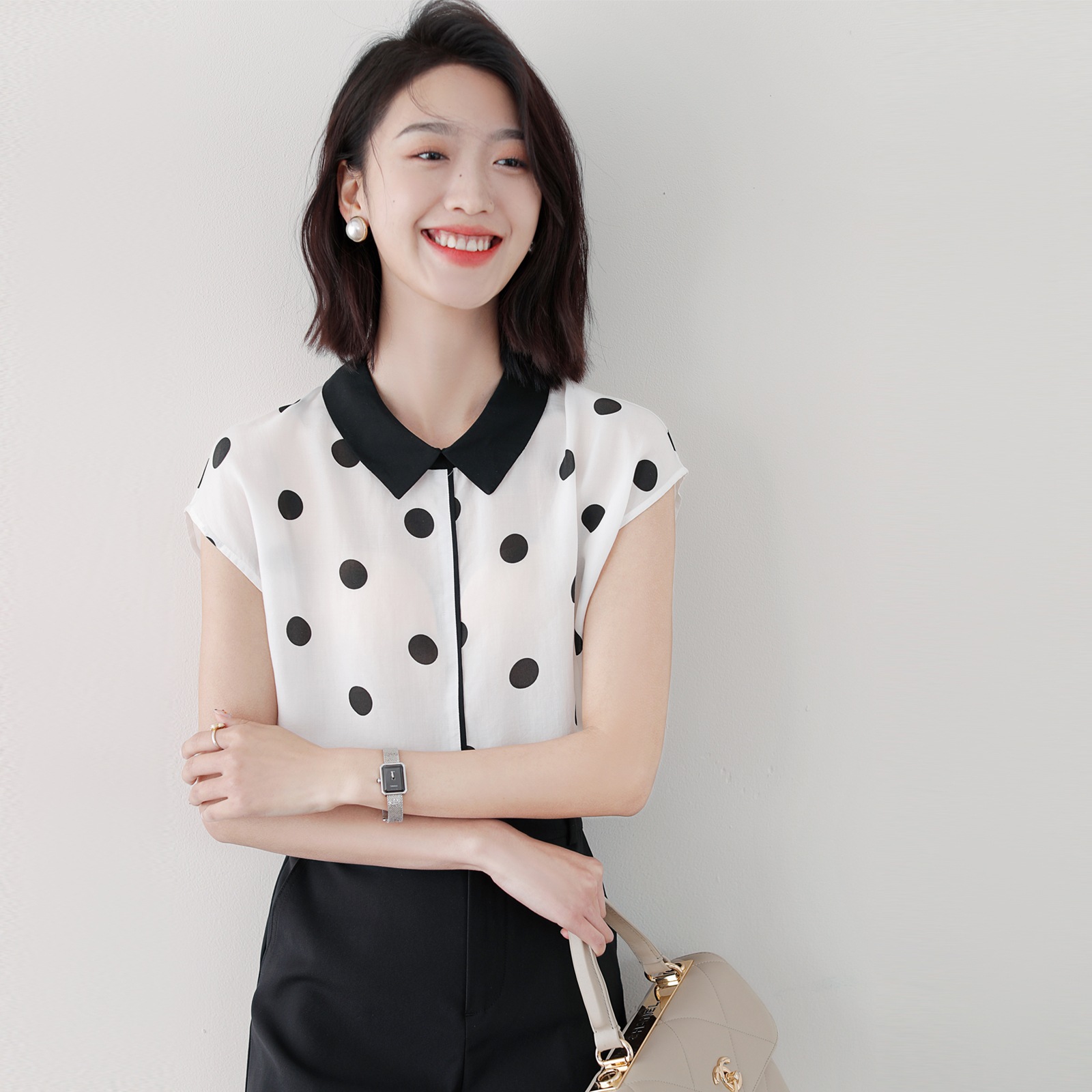 シャツ ブラウス カットソー レディース 半袖 襟付き バイカラー ガーリー かわいい 大人可愛い きれいめ シンプル レトロ ドット 水玉 夏 学生 デート 女子会 オルチャン ホワイト トップス mdprevattcaulkingandwaterproofing.com
