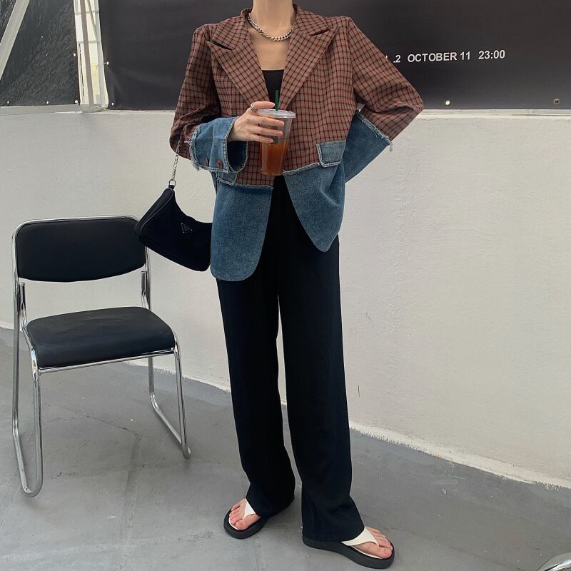 ジャケット テーラードジャケット デニム チェック柄 異素材切替 ドッキング アウター 羽織り