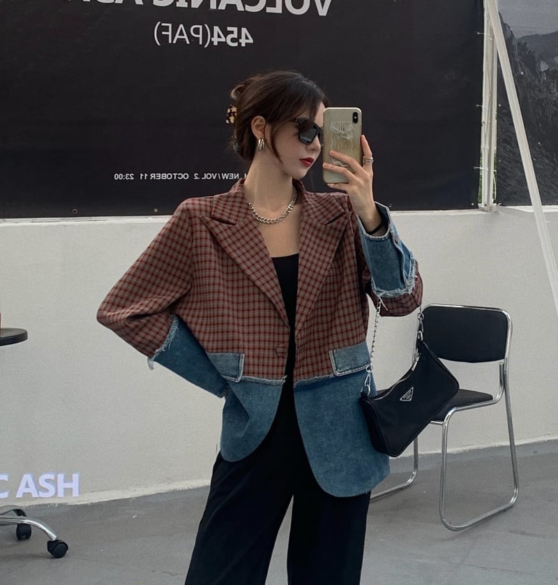 ジャケット テーラードジャケット デニム チェック柄 異素材切替 ドッキング アウター 羽織り