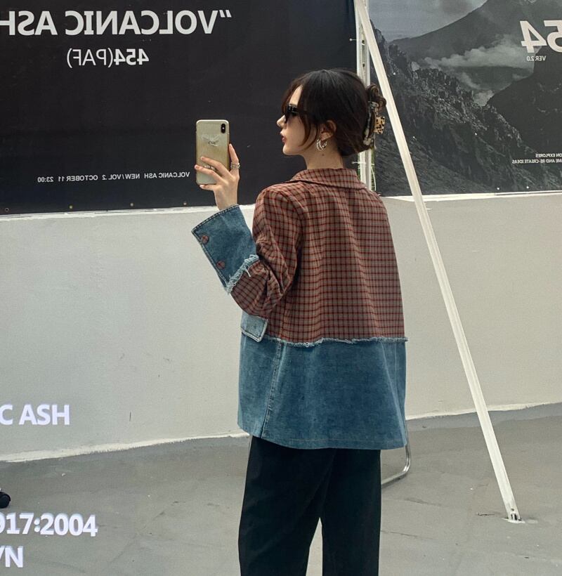 ジャケット テーラードジャケット デニム チェック柄 異素材切替 ドッキング アウター 羽織り