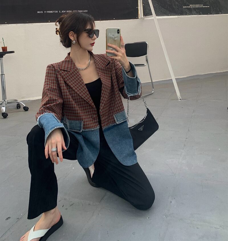 ジャケット テーラードジャケット デニム チェック柄 異素材切替 ドッキング アウター 羽織り