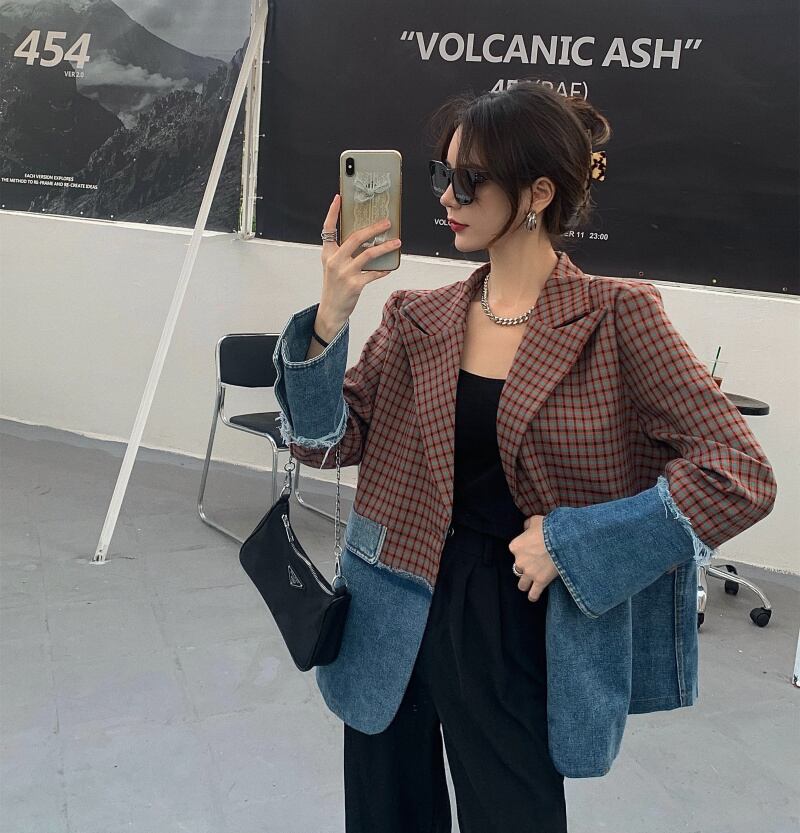 ジャケット テーラードジャケット デニム チェック柄 異素材切替 ドッキング アウター 羽織り