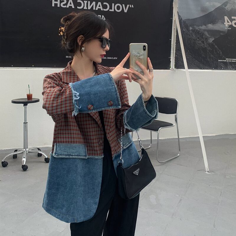 ジャケット テーラードジャケット デニム チェック柄 異素材切替 ドッキング アウター 羽織り