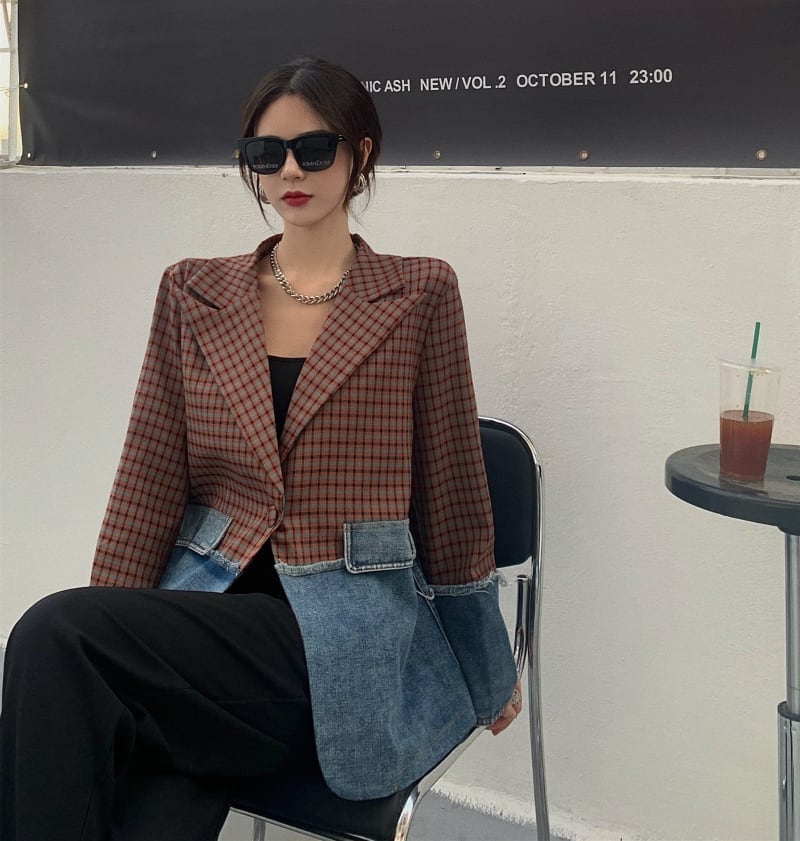 ジャケット テーラードジャケット デニム チェック柄 異素材切替 ドッキング アウター 羽織り