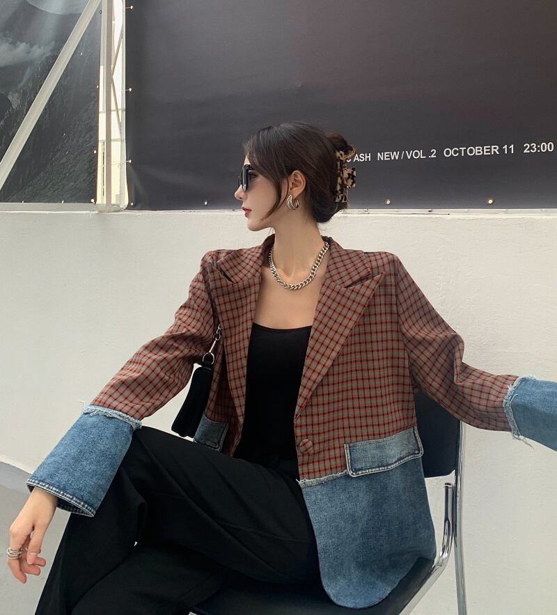 ジャケット テーラードジャケット デニム チェック柄 異素材切替 ドッキング アウター 羽織り