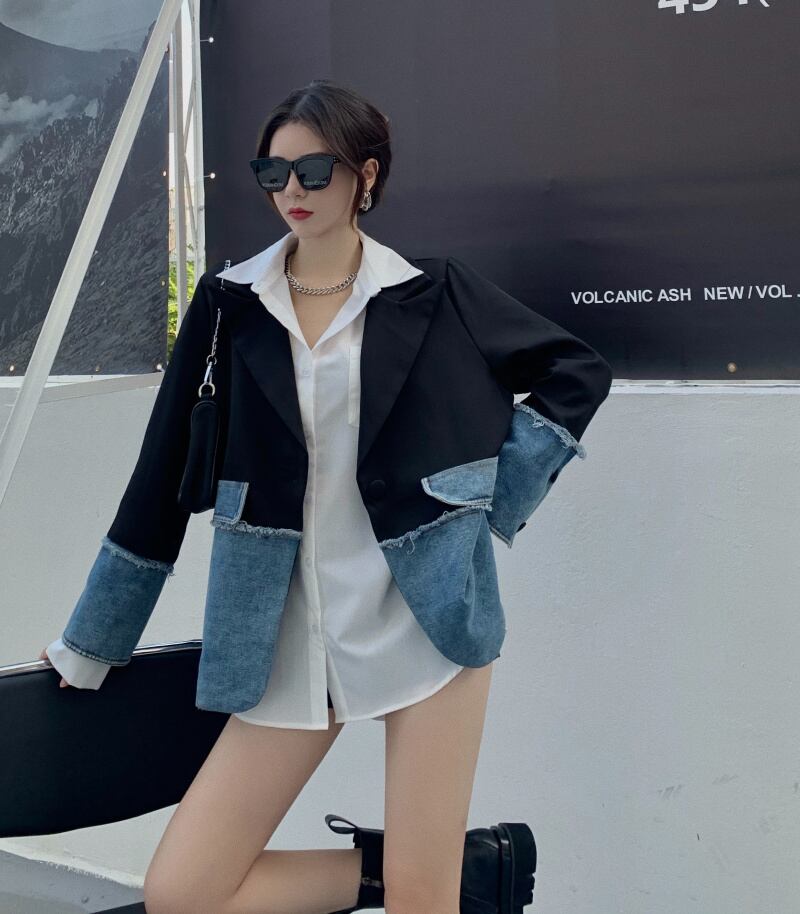 ジャケット テーラードジャケット デニム チェック柄 異素材切替 ドッキング アウター 羽織り