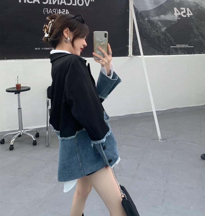 ジャケット テーラードジャケット デニム チェック柄 異素材切替 ドッキング アウター 羽織り