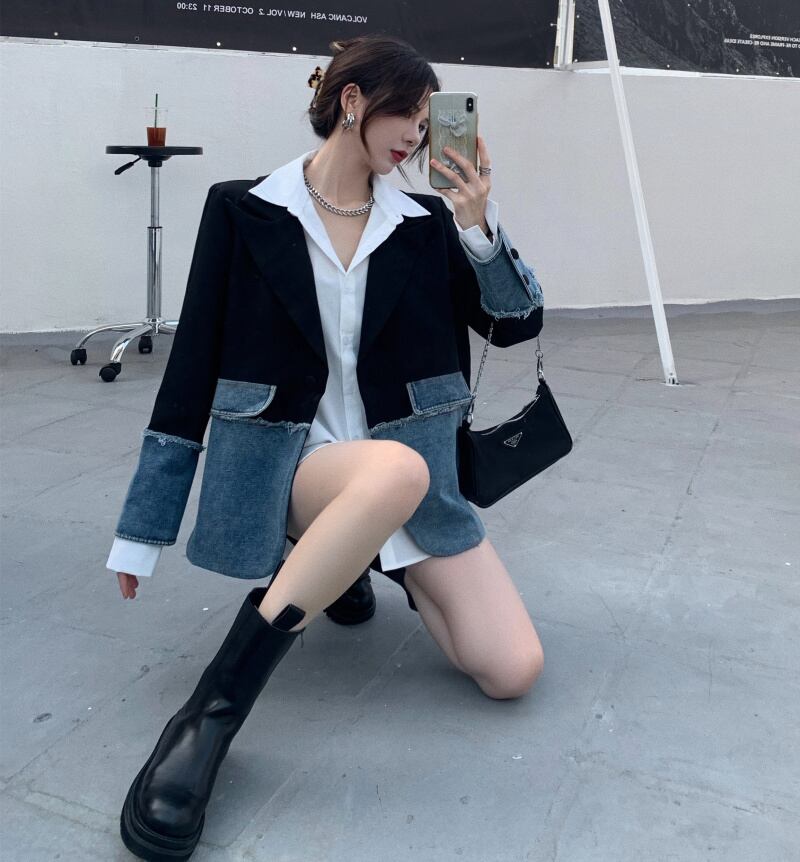 ジャケット テーラードジャケット デニム チェック柄 異素材切替 ドッキング アウター 羽織り