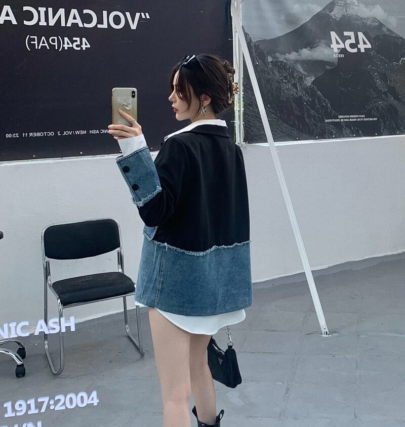 ジャケット テーラードジャケット デニム チェック柄 異素材切替 ドッキング アウター 羽織り