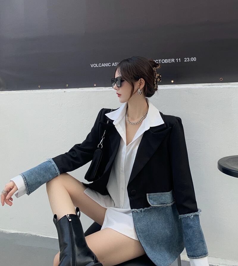 ジャケット テーラードジャケット デニム チェック柄 異素材切替 ドッキング アウター 羽織り